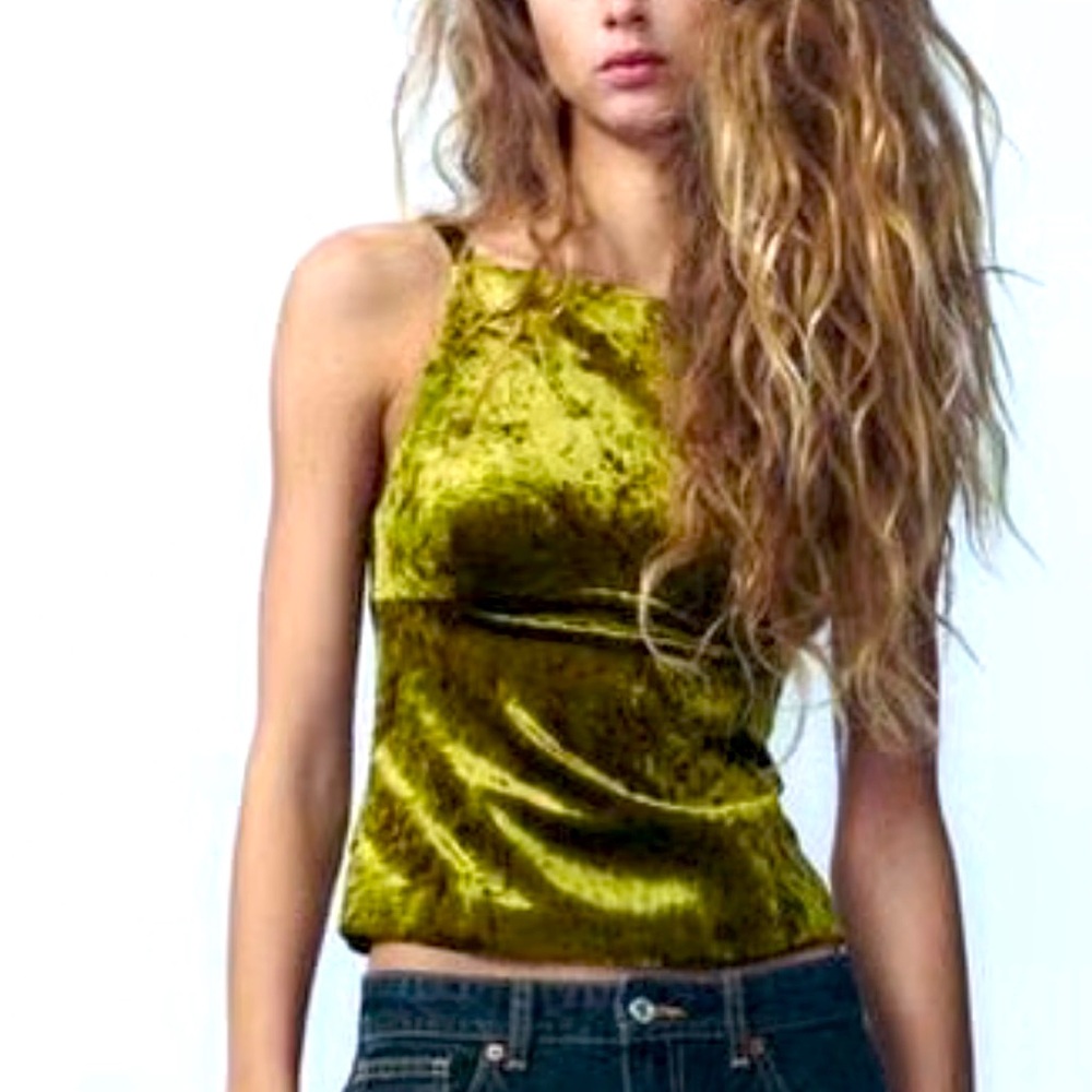 Zara Velvet Bows Top in Olive Green - XS